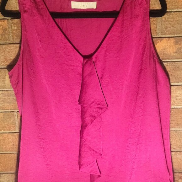 LOFT Fuchsia Satin Sleeveless Ruffles Blouse - Size L - Picture 5 of 6